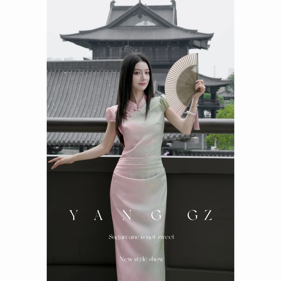 YANG GZ【Q花旦青衣】新中式渐变微立领短袖旗袍女 GZ5152GL602212