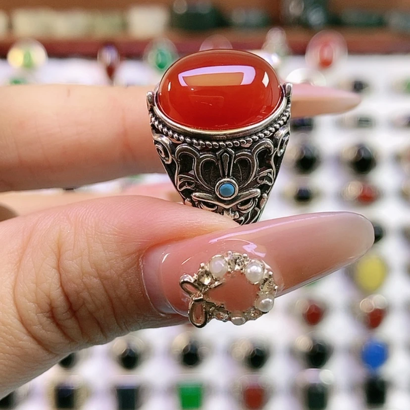 【闪购商品】银S925镶嵌戒指玛瑙/玉髓喜*