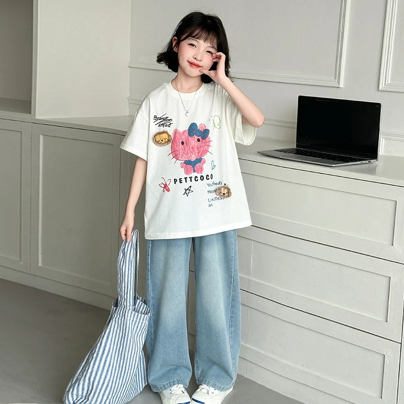 女童卡通可爱短袖t恤套装夏装2025新款中大儿童牛仔直筒裤两件套