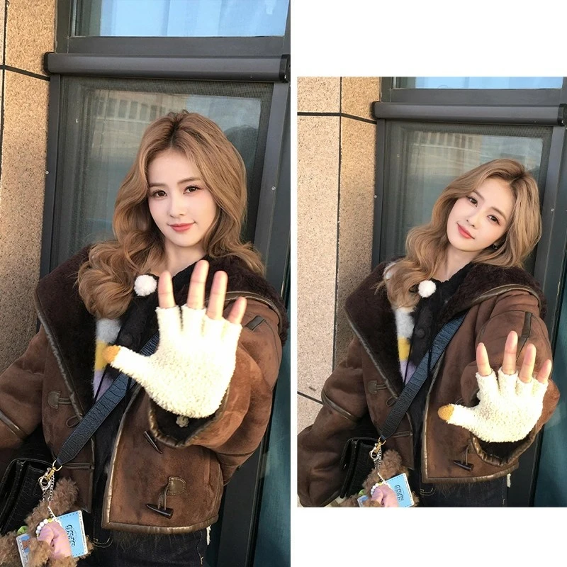 奔跑吧白鹿同款棕色美拉德法式短款连帽牛角扣外套复古加绒上衣女