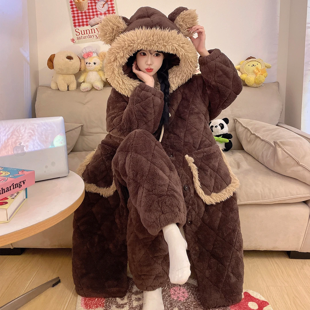 法兰绒睡袍女冬加厚加绒珊瑚绒三层夹棉2025新款睡衣家居服两件套