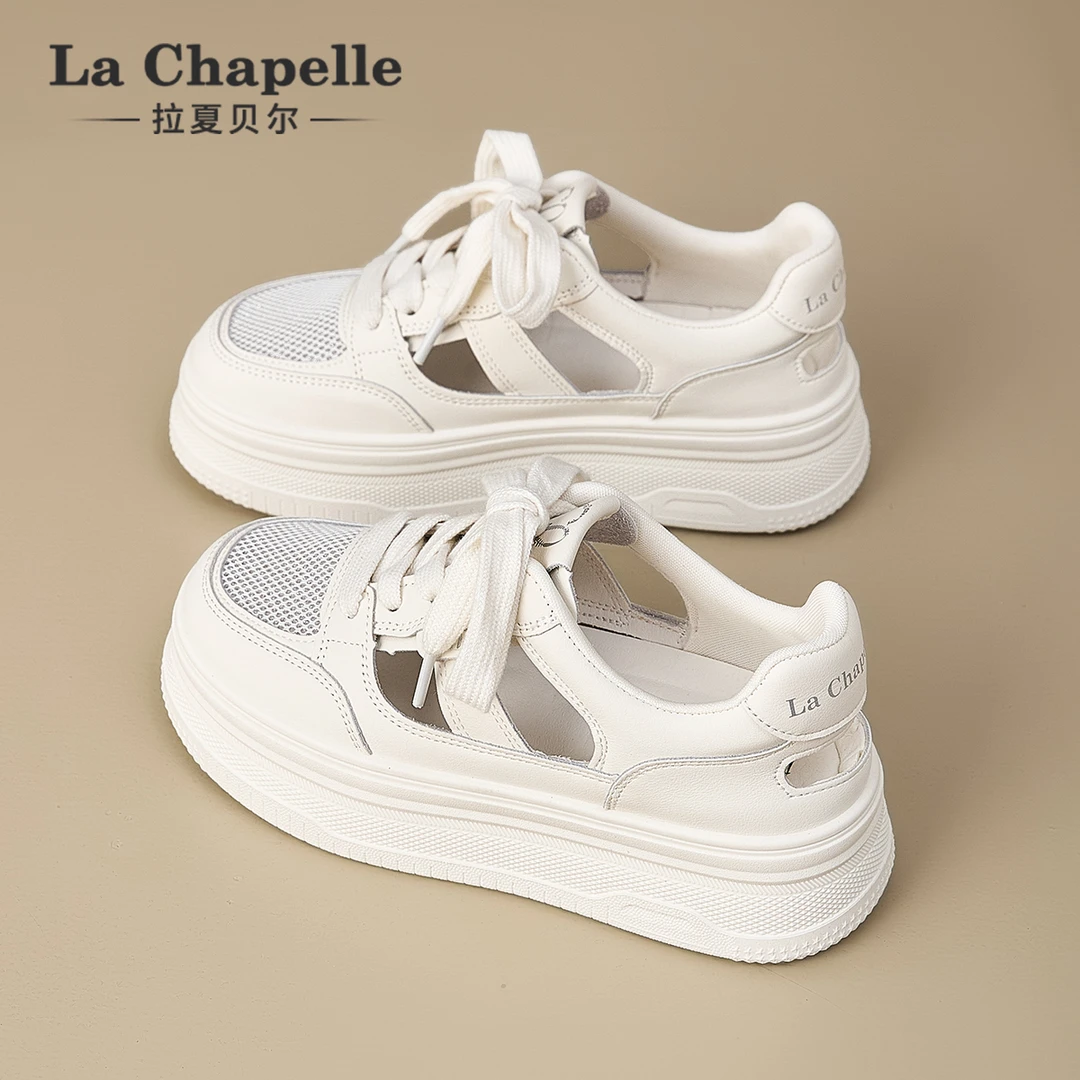拉夏贝尔运动凉鞋女2025冬季新款镂空百搭板鞋厚底网面透气小白鞋