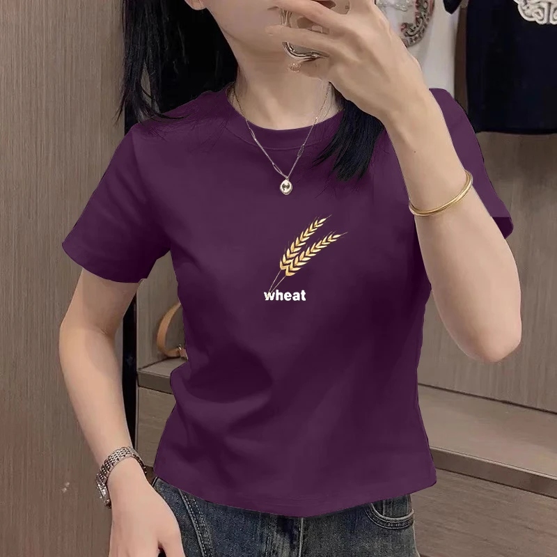 正肩紫色短袖t恤女士夏季修身半袖大码显瘦体恤时尚洋气印花上衣