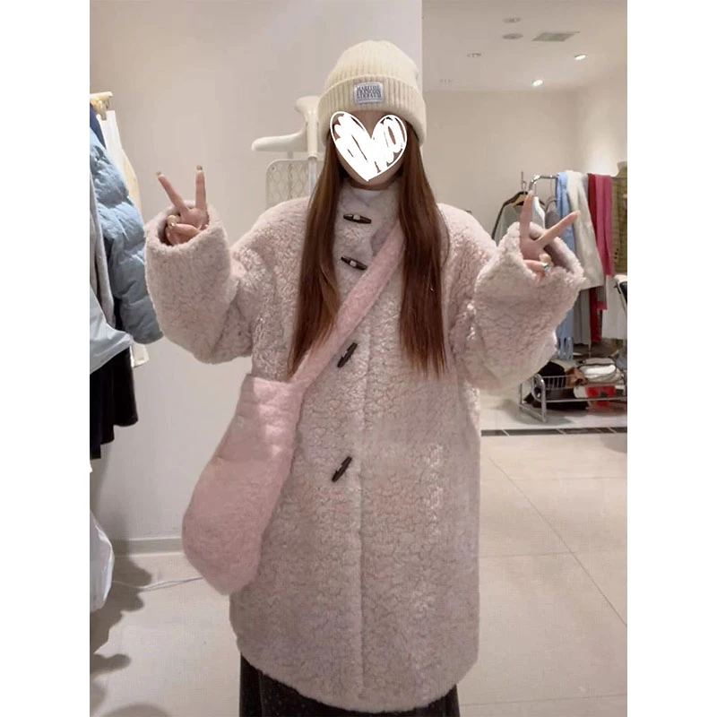 2025秋冬新款韩系温柔风立领牛角扣棉服女宽松显瘦时尚中长款大衣