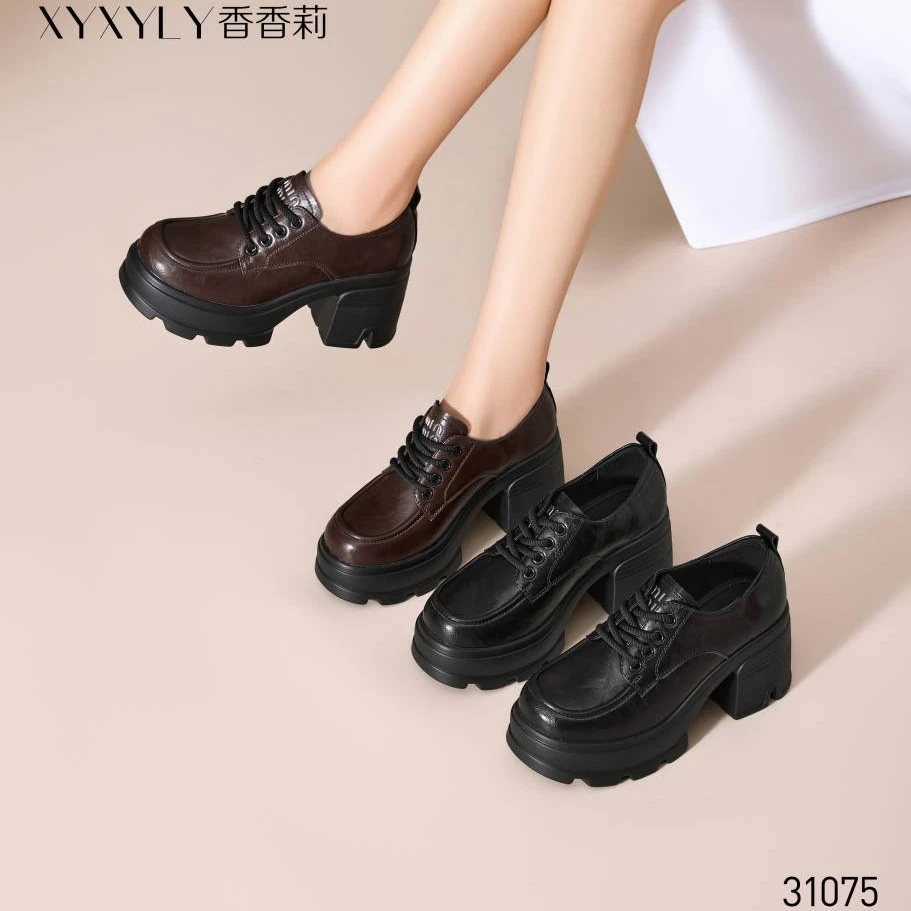 香香莉8cm小皮鞋女秋2025年新款31075百搭英伦风小个子厚底乐福鞋
