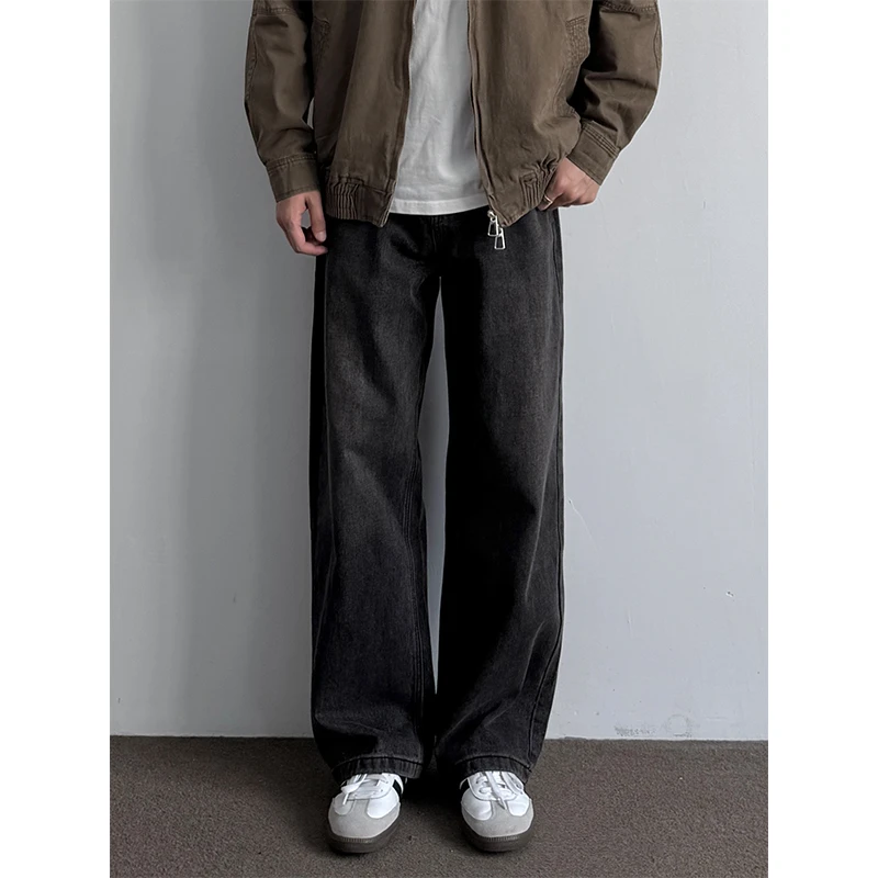 ONUN美式复古砂洗黑灰色做旧直筒牛仔裤宽松阔腿松弛感休闲长裤潮