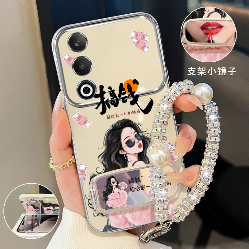 适用一加Ace3v搞钱小富婆手机壳补妆镜折叠支架防摔创意网红女款