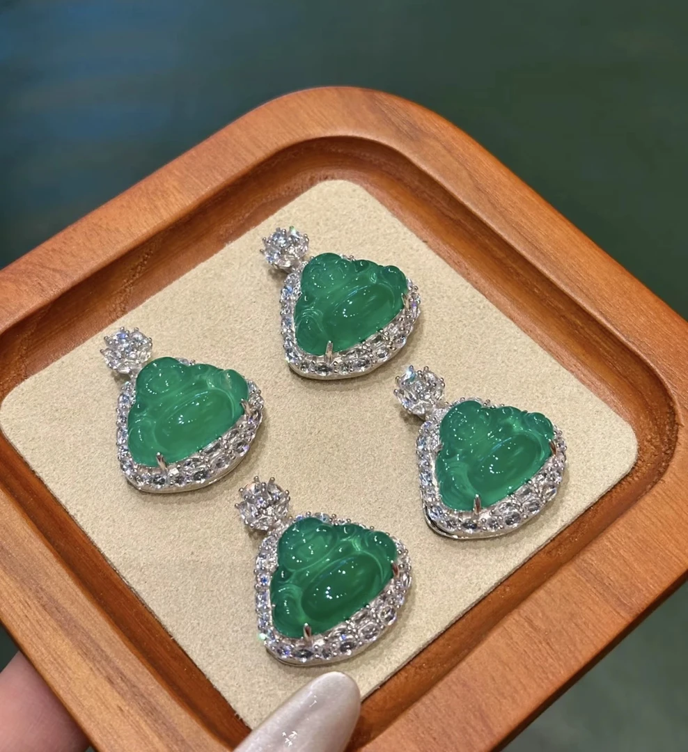 坠链均925银 马达加斯加翠绿佛公吊坠百搭弥勒佛项链锁骨链女气质