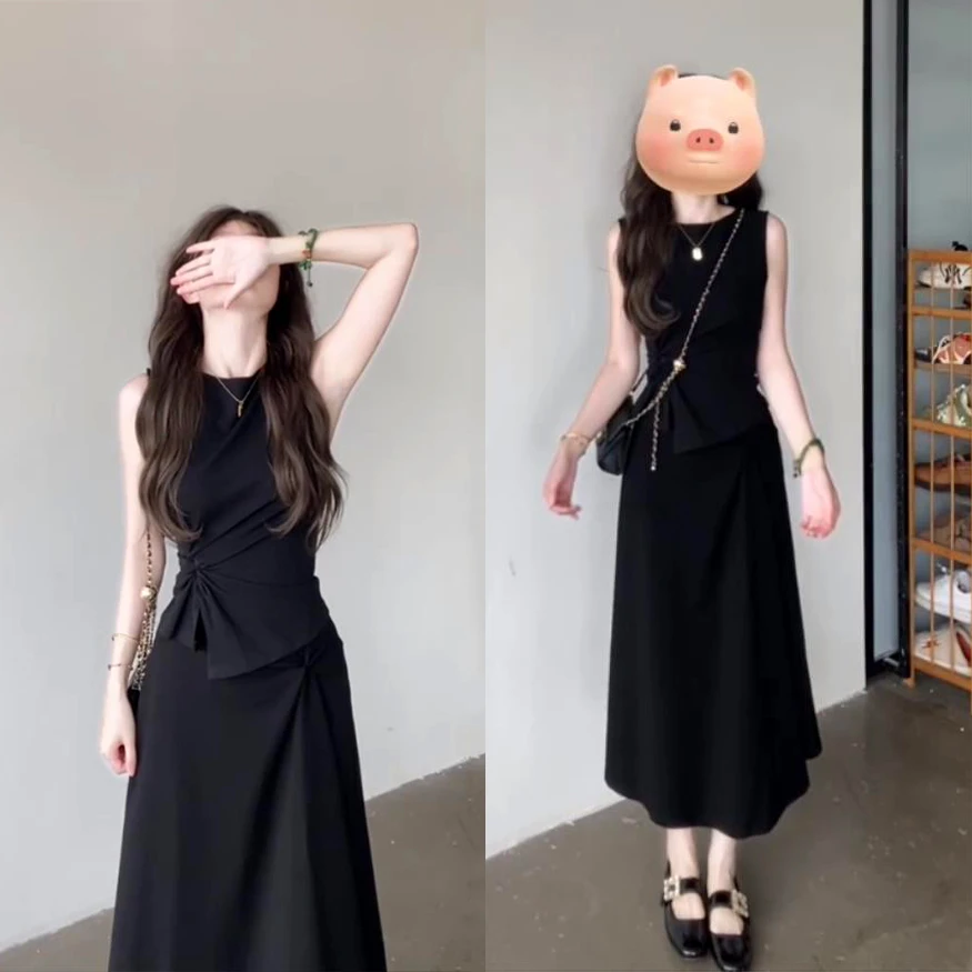 洋气休闲套装女2025夏季新款简约修身无袖扭结上衣高腰A字半身裙