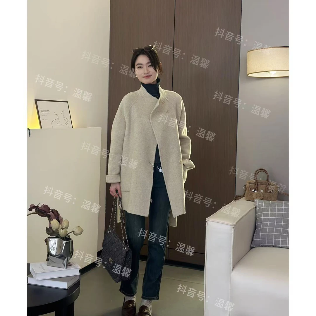【温馨自制】新款春秋设计立领百搭系带气质宽松休闲慵懒羊毛大衣女