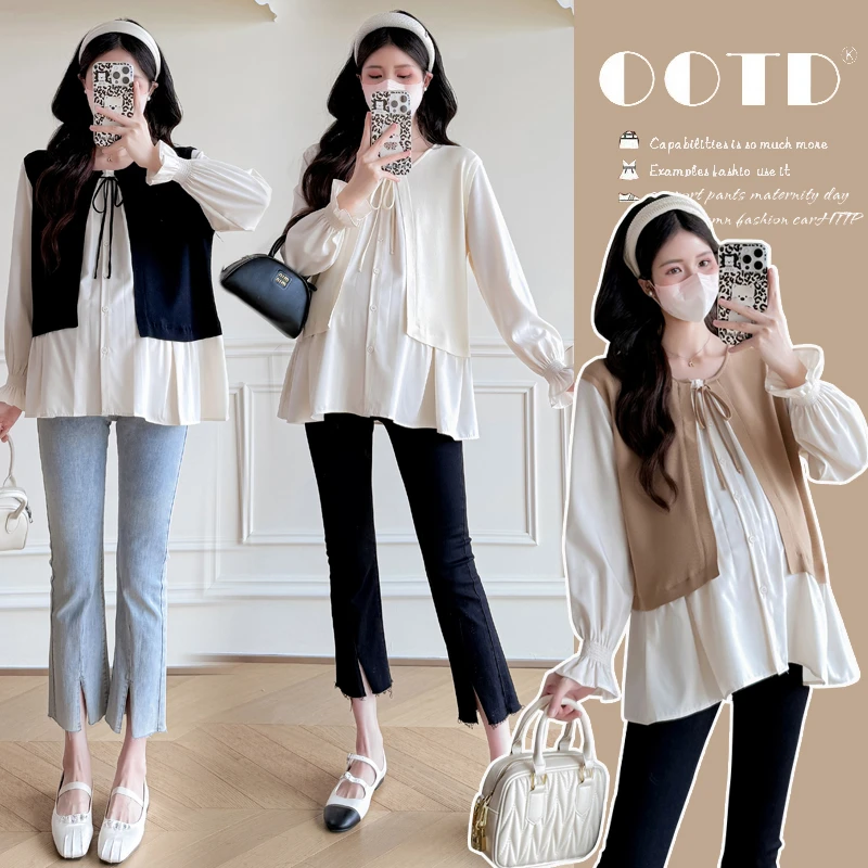 新款2025孕妇装春装宽松拼接设计感衬衫百搭娃娃衫