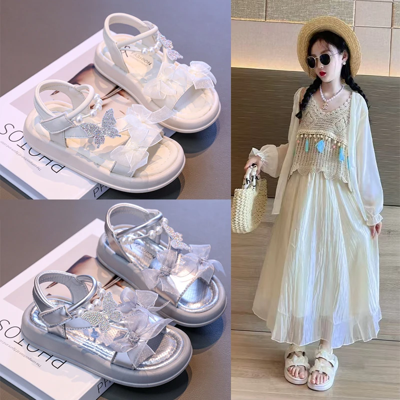 女童凉鞋2025新款夏季女孩珍珠蝴蝶结公主鞋儿童百搭软底沙滩凉鞋