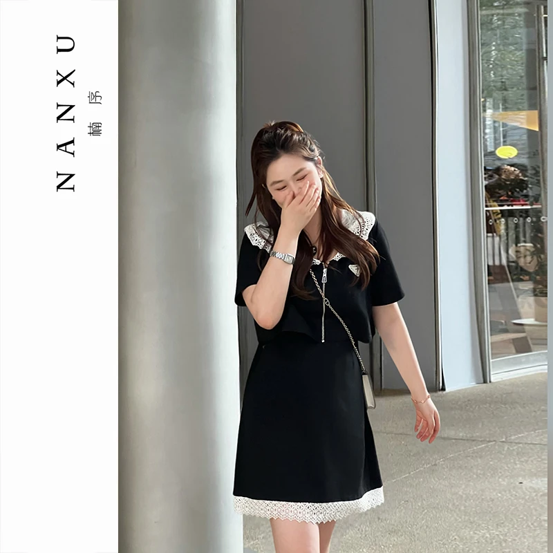 楠序【月光独白】雯雯微胖女装 2025年夏减龄显瘦黑色连衣裙YZ36029