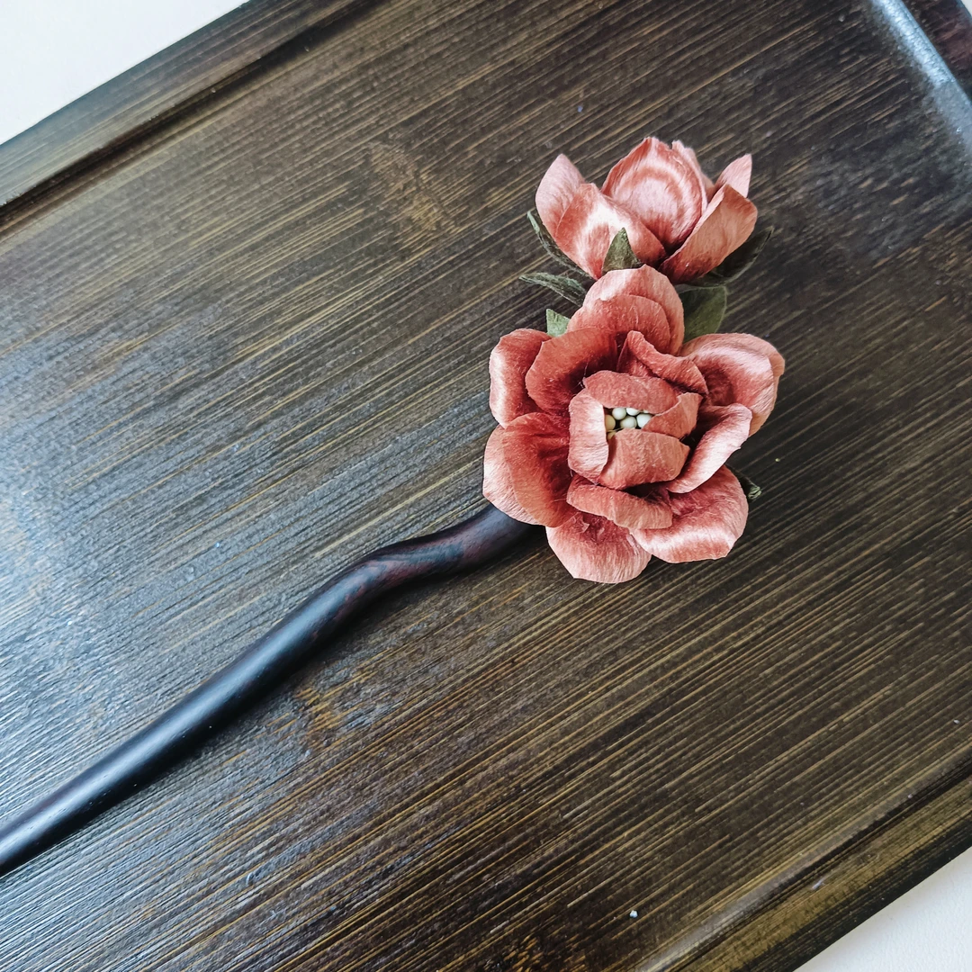 原创纯手工非遗绒花气质干枯玫瑰发簪头饰国风中国风发夹胸针配饰