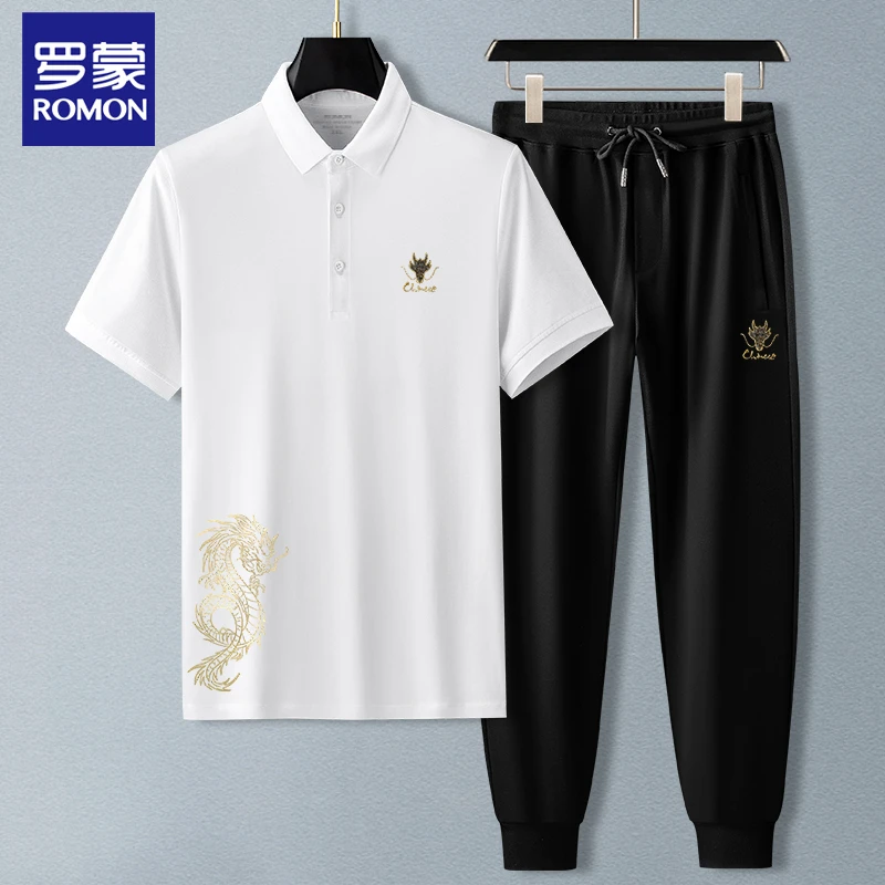 Romon/罗蒙RM3999夏季翻领短袖POLO衫套装轻奢时尚运动休闲男装潮