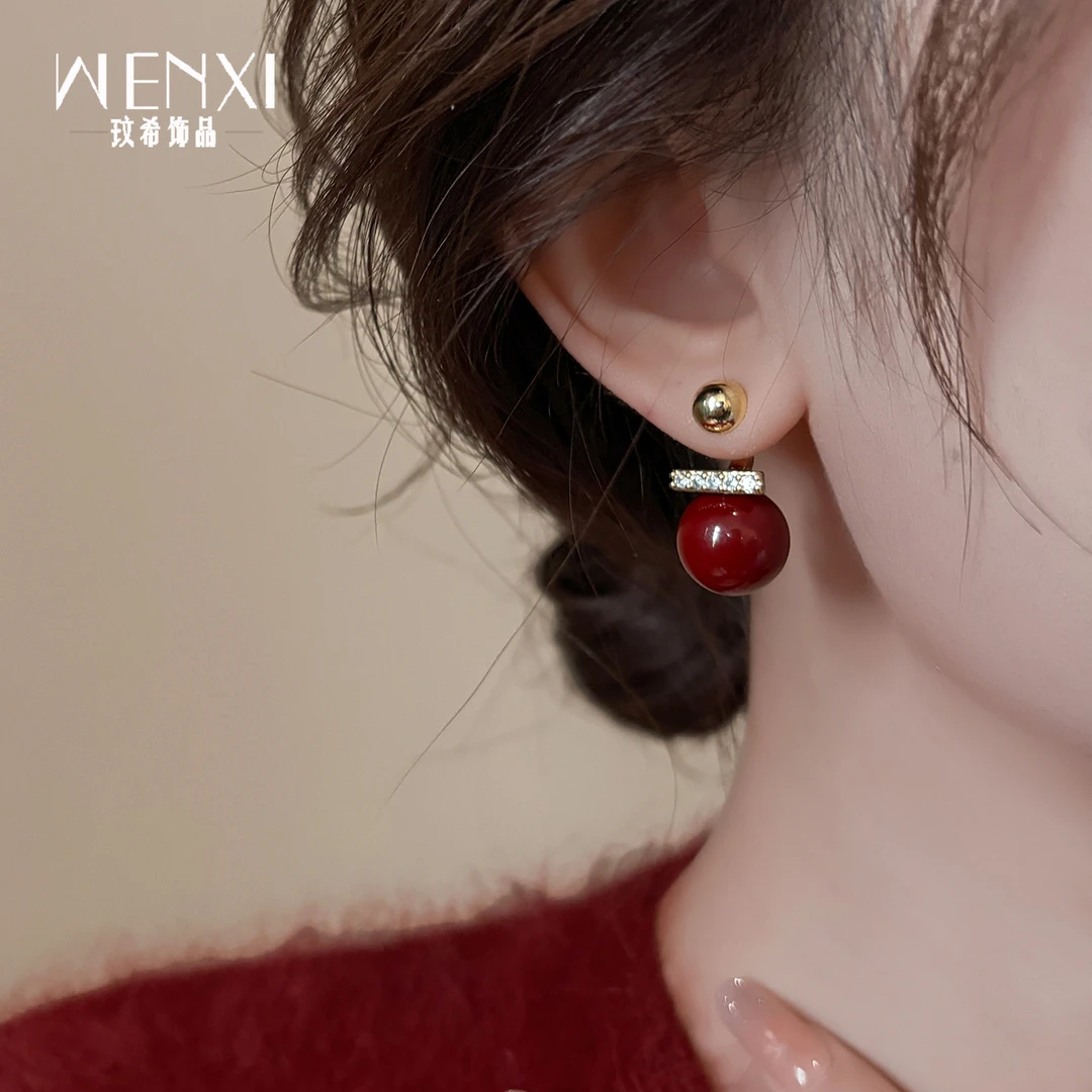 铜合金合成锆石耳饰 红色珠珠耳环2025新款爆款高级过年两戴耳钉