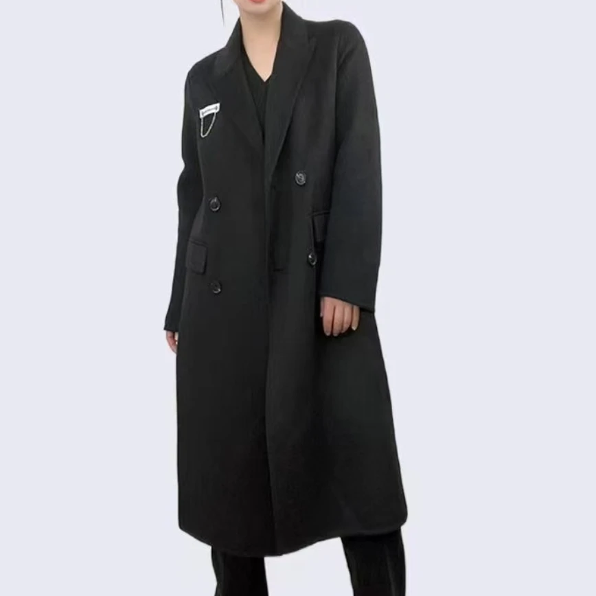 21102新款时尚宽松翻领双排扣中长款百搭双面毛呢大衣外套