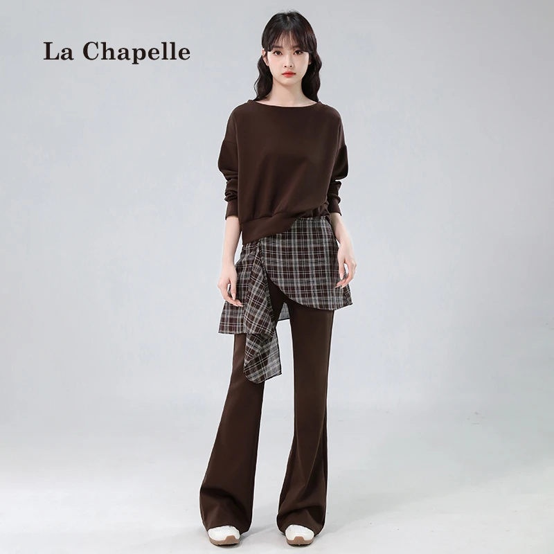 拉夏贝尔秋季洋气套头宽松斜肩卫衣拼接格子微喇裤长裤时尚套装女
