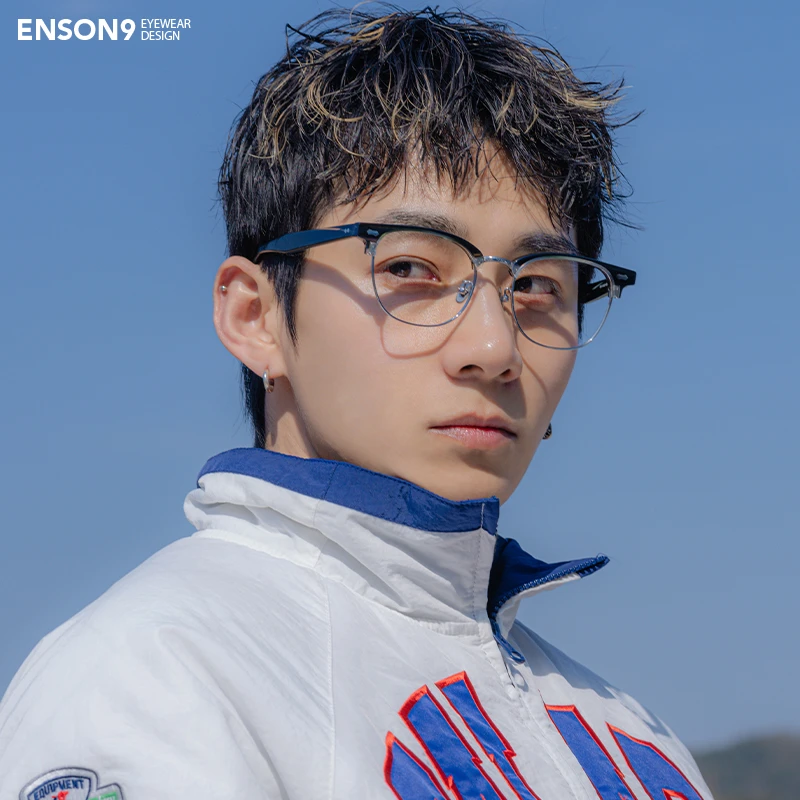 enson9复古纯钛金属半框眼镜潮男 日系棕色板材大方框近视平光镜