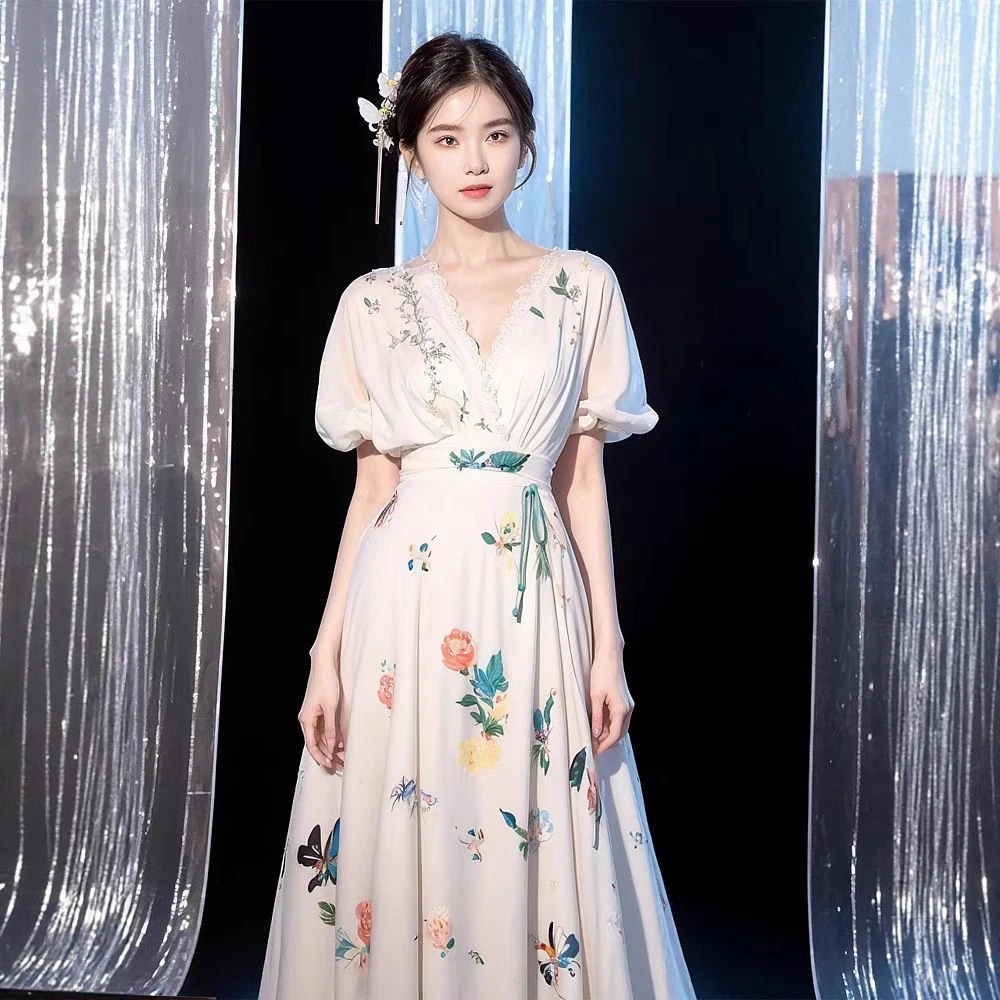 千语栀【云梦泽畔】夏季新款白色国风蝴蝶印花连衣裙女绝美小裙子