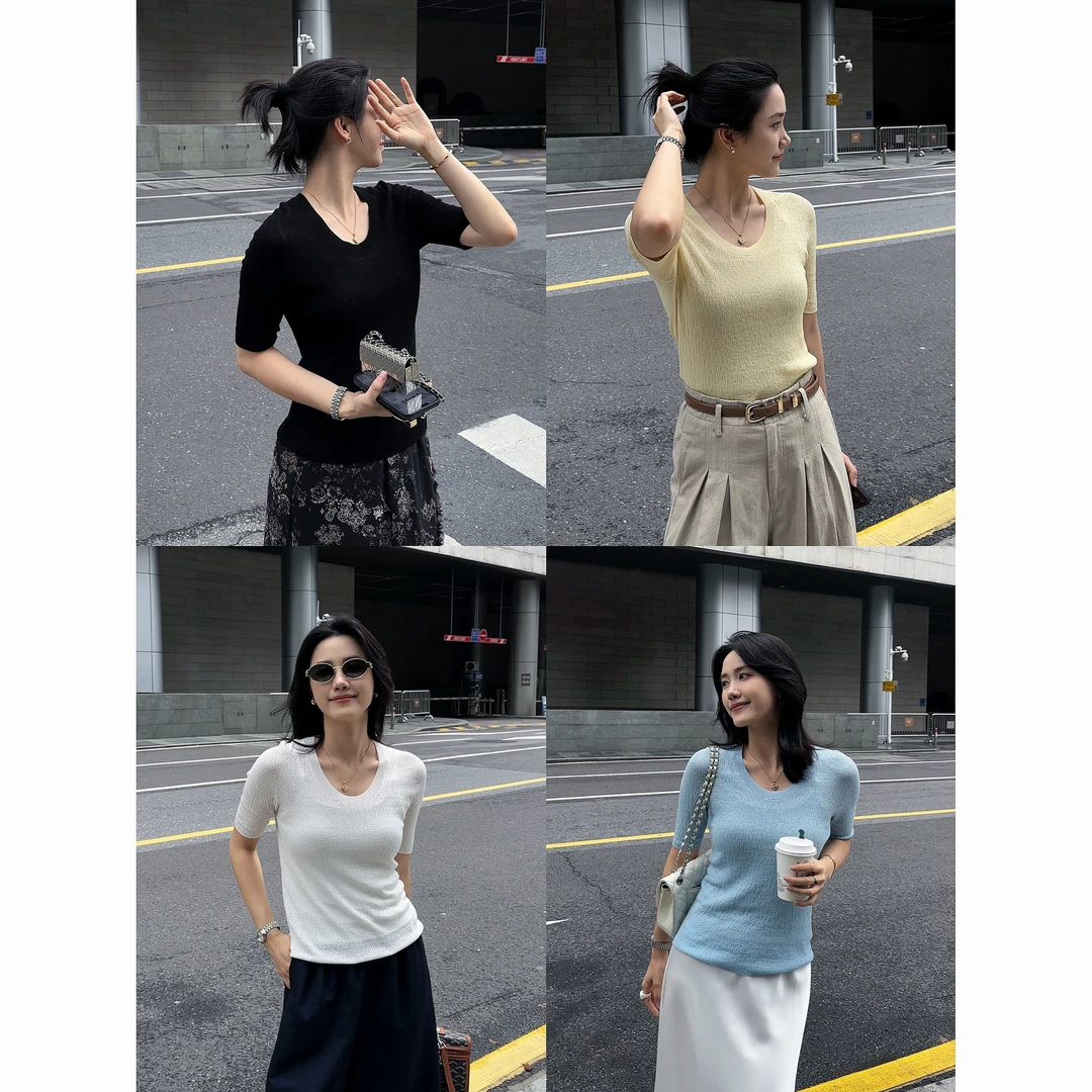 REALNEEI【一体成型】极简基础天丝桑蚕丝无缝设计轻薄针织T恤X8957