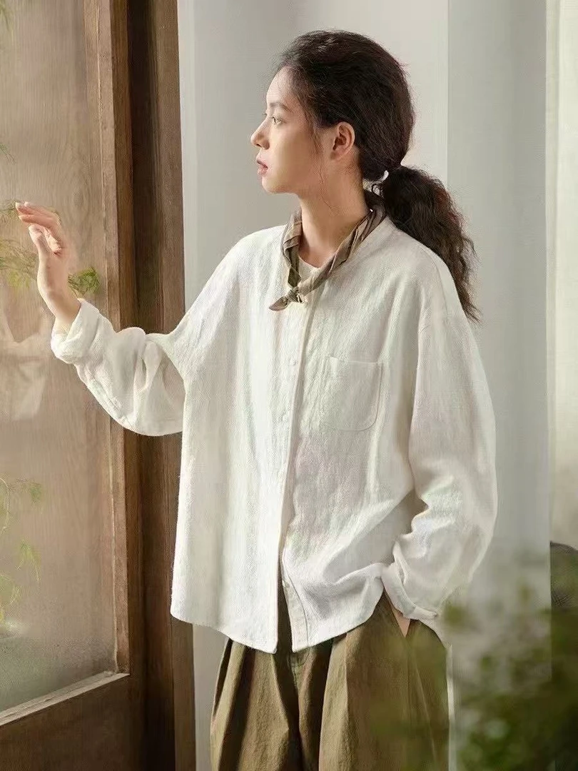 小立领诺曼底汉麻单排扣百搭显瘦防晒衬衫女MXJ 2502