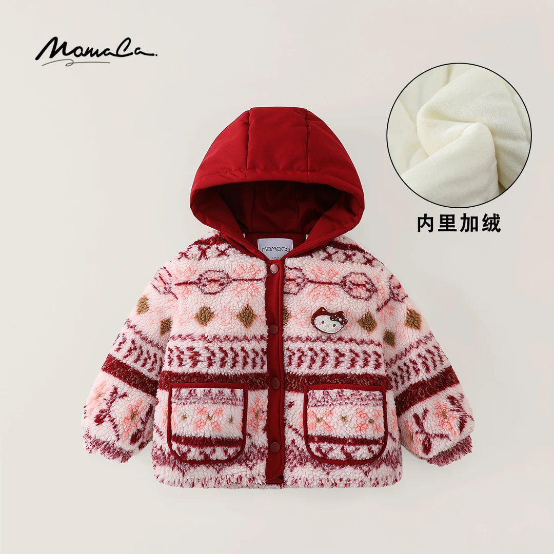 MOMOCO冬季男女童潮流条纹猫咪棉服连帽外套77830123020