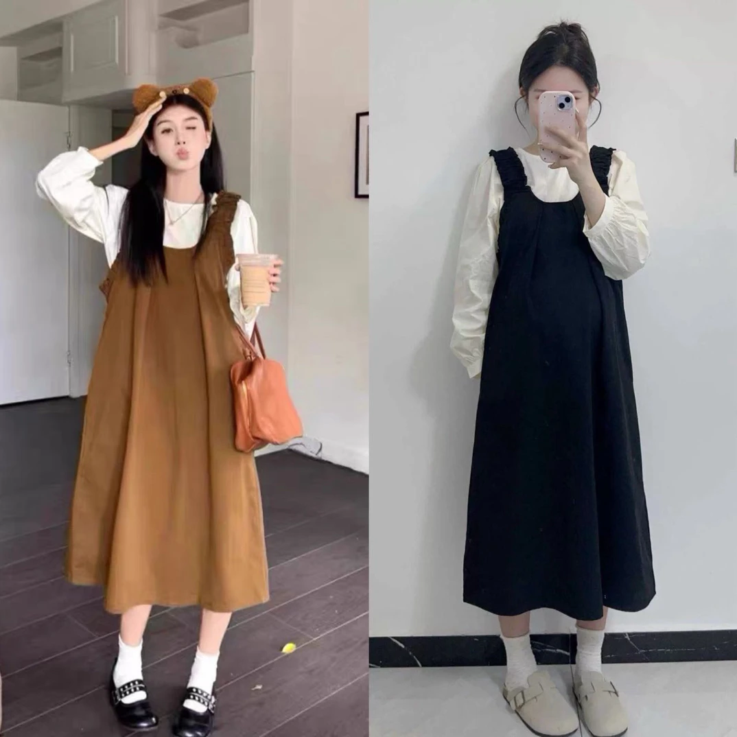 减龄宽松圆领衬衣搭配洋气背带裙时尚新款套装