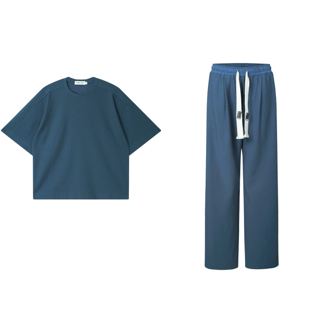 Noble.L普鲁士蓝套装短袖T恤长裤运动休闲百搭女士夏季宽松圆领