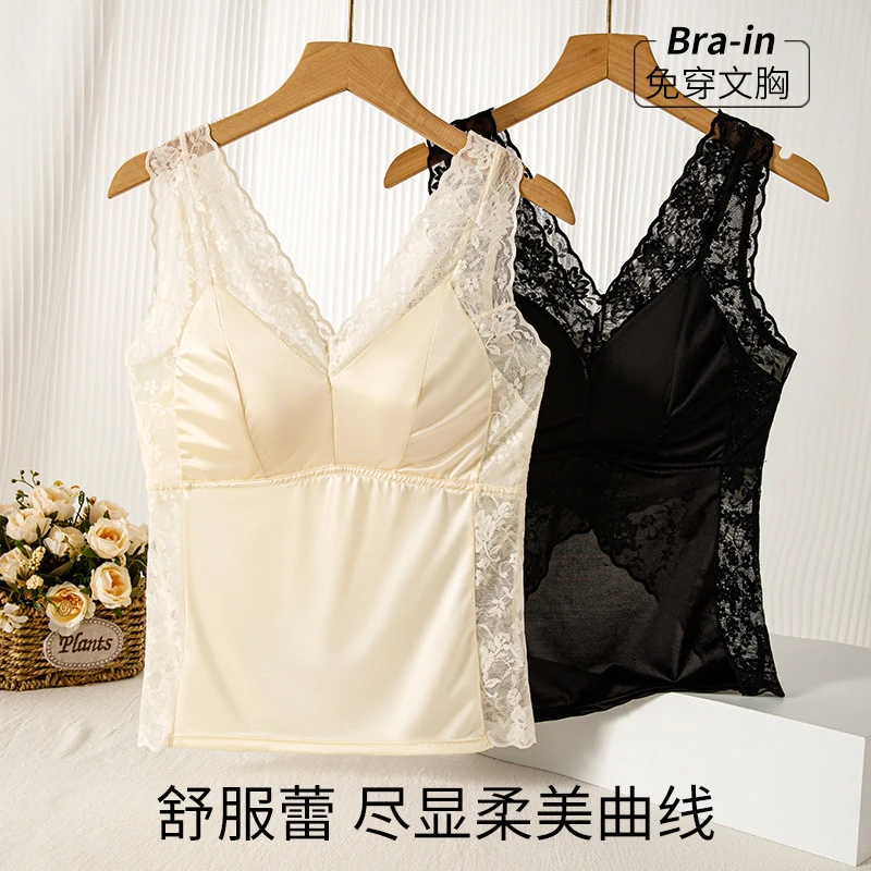 大码蕾丝吊带背心女款女胖mm带胸垫文胸一体内搭打底美背内衣性感