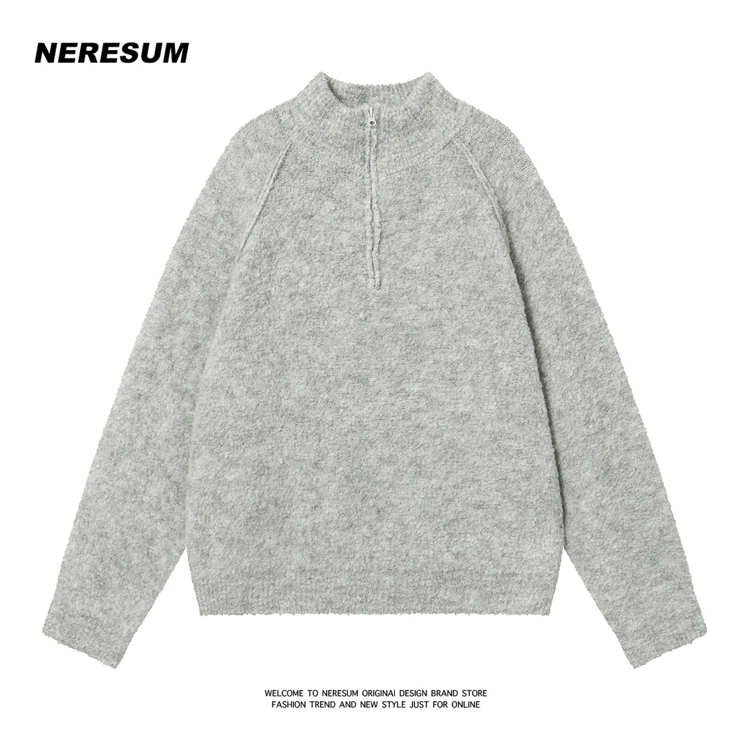 NERESUM灰色立领半拉链羊毛混纺毛衣女新款保暖纯色高级感针织衫