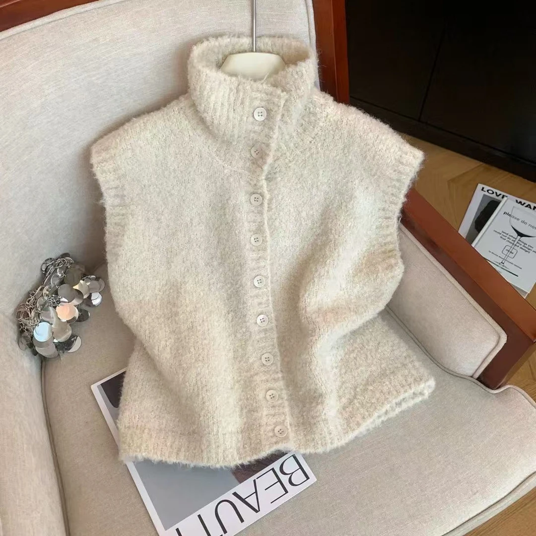 圈圈马甲」纯欲风~复古翻领单排扣针织马甲秋冬软糯叠穿毛衣-5595
