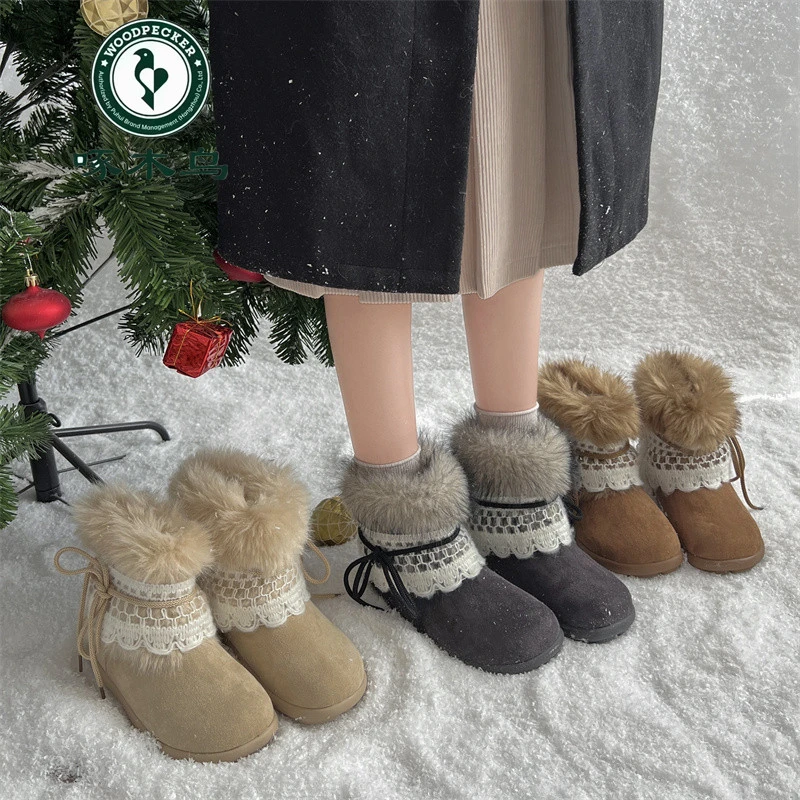 啄木鸟雪地靴子女秋冬季2025年新款加绒厚底辣妹风中筒毛茸茸棉鞋