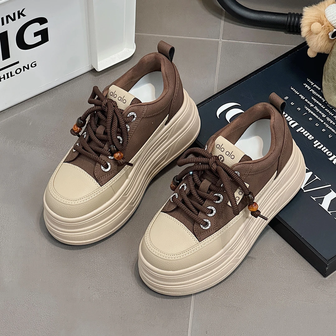 真皮厚底松糕鞋女2025新款爆款配阔腿裤小个子增高鞋系带休闲板鞋