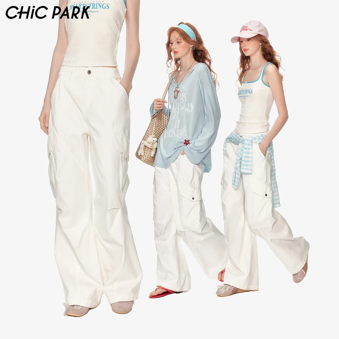 CHiCPARK2025夏季工装层次感多口袋阔腿宽松垂坠感街头白色休闲裤