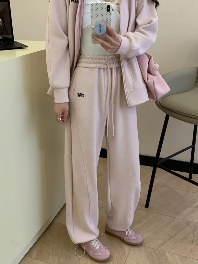 春季可抽绳两穿刺绣egg两穿休闲裤毛巾布女款弯刀裤