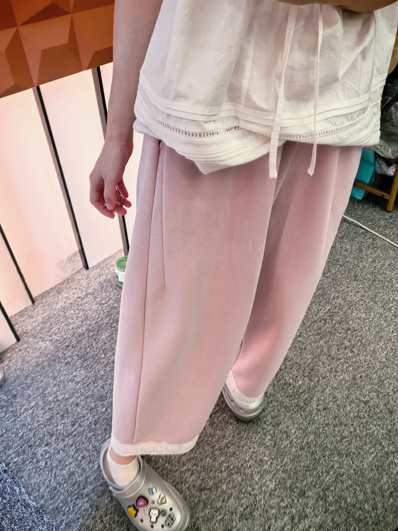 显瘦百搭 韩代25秋冬新款复古宽松直筒下摆拼接蕾丝花边哈伦长裤