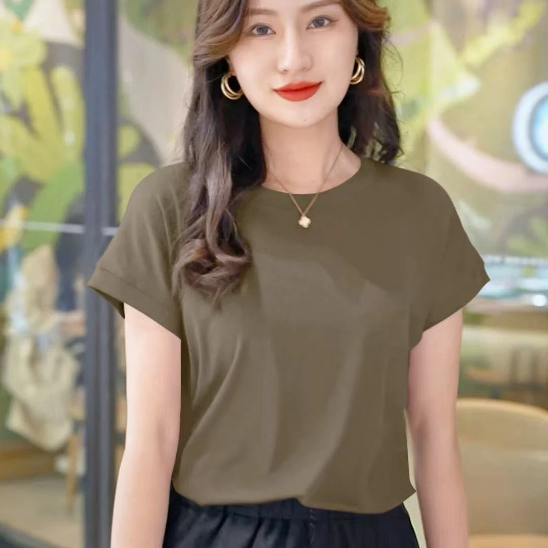 新款春夏季纯色2025年设计感T恤小飞袖女圆领上衣时尚冰丝t恤百搭