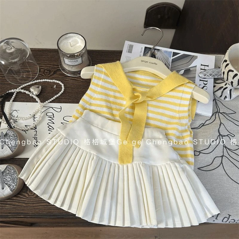 女童夏日多巴胺条纹套装2025新款儿童夏季绝美背心百褶裙两件套