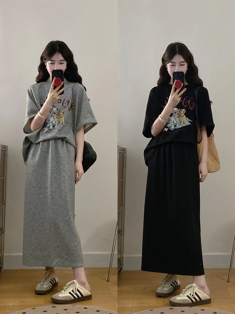 乐乐推荐丨时尚套装小狗印花休闲宽松显瘦短袖T恤高腰半身裙女