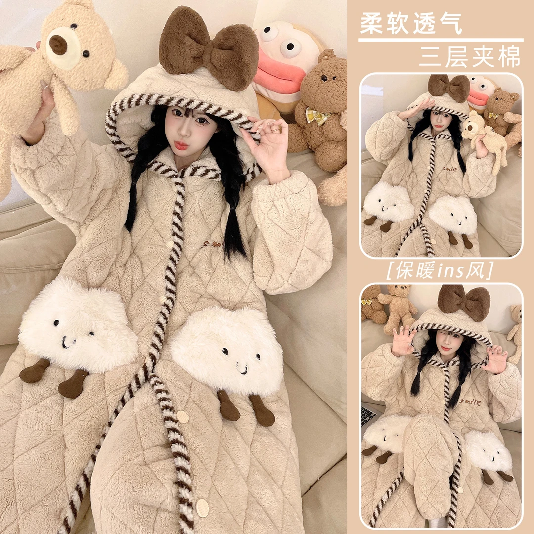 睡袍女冬加厚加绒大码2025年新款法兰绒三层夹棉珊瑚绒家居服套装