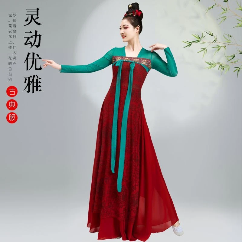 古典舞蹈飘逸中国汉唐齐胸表演练功飘带身韵长款演出服纱衣