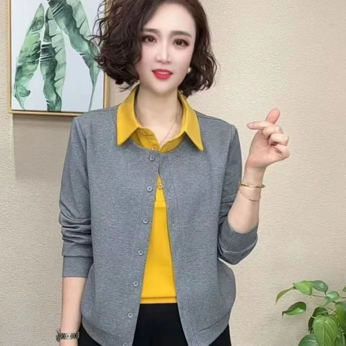 秋季翻领常规拼接长袖常规款T恤秋季气质上衣2