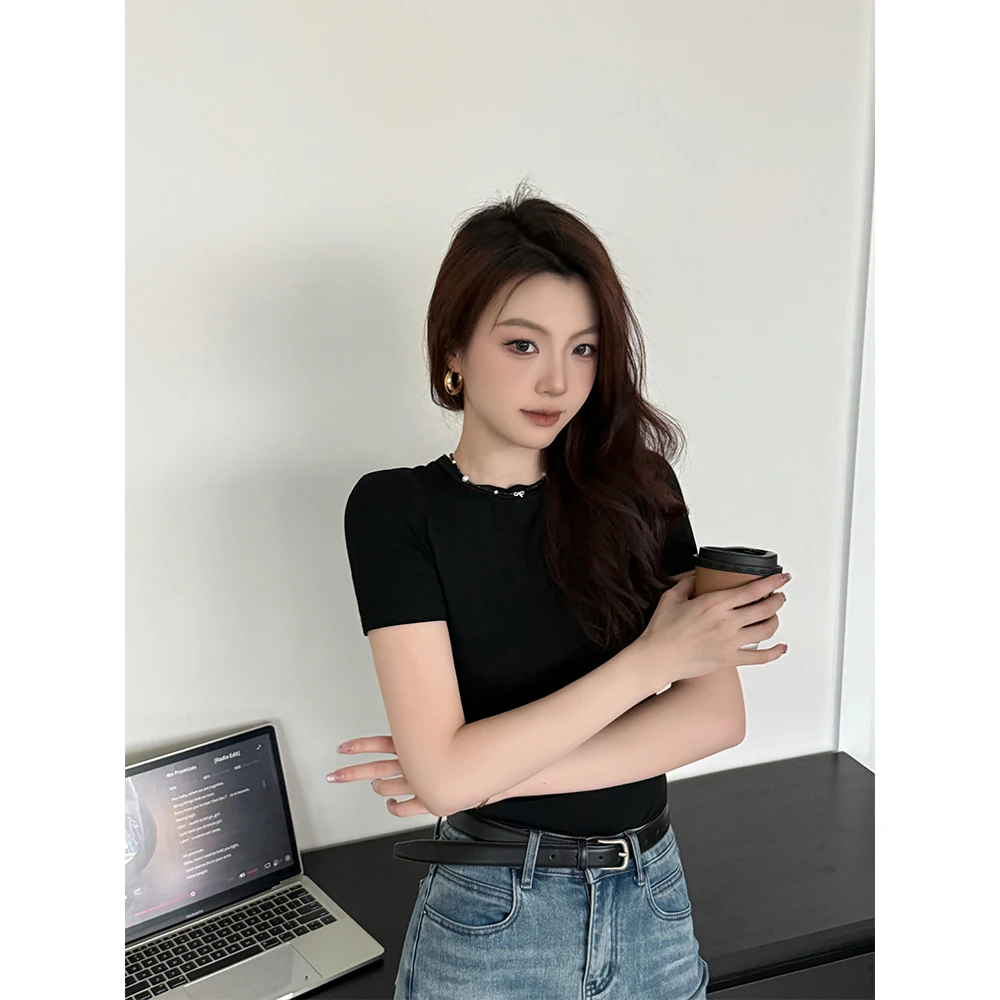CHEN•2025夏季新款黑色圆领短袖凉感修身显瘦百搭爆款上衣女