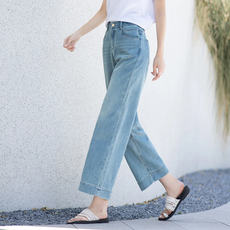 女夏直筒松紧高腰牛仔裤天丝蓝九分裤三防显瘦九分裤女上档次