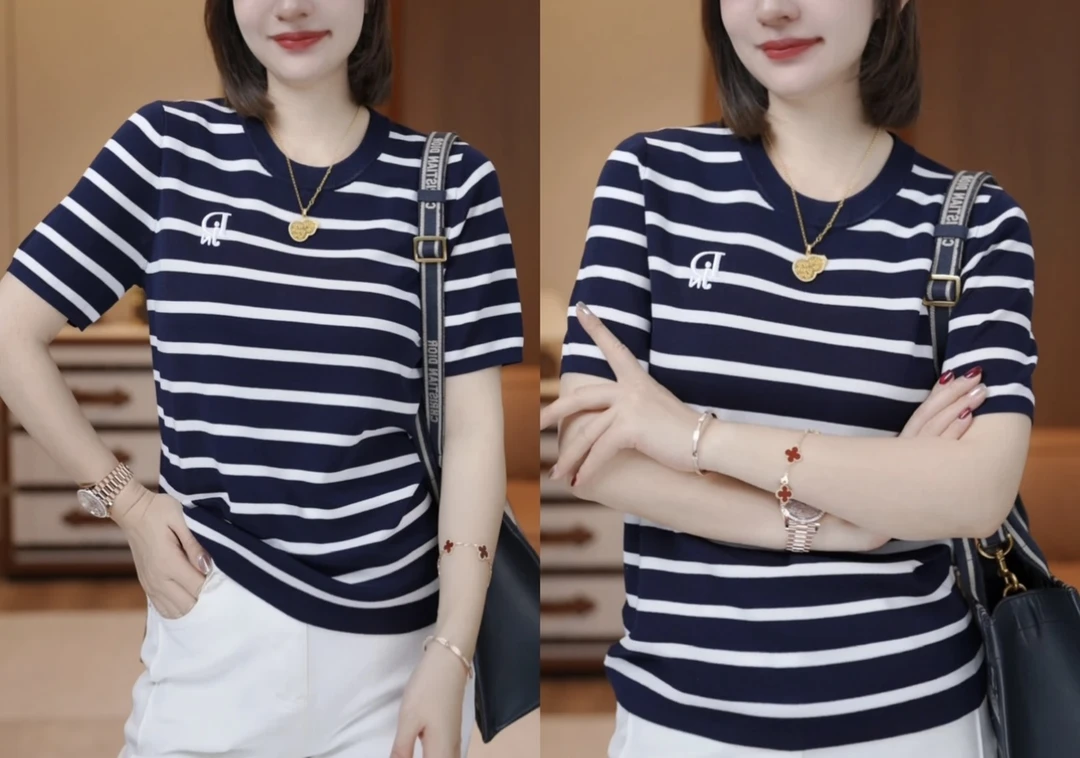 小香风莱赛尔刺绣字母条纹春夏撞色条纹宽松时尚洋气百搭针织衫女