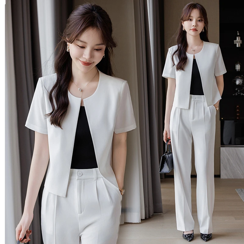 短款西装洋气夏季短袖小个子无领西服套裤气质职业外套薄款休闲