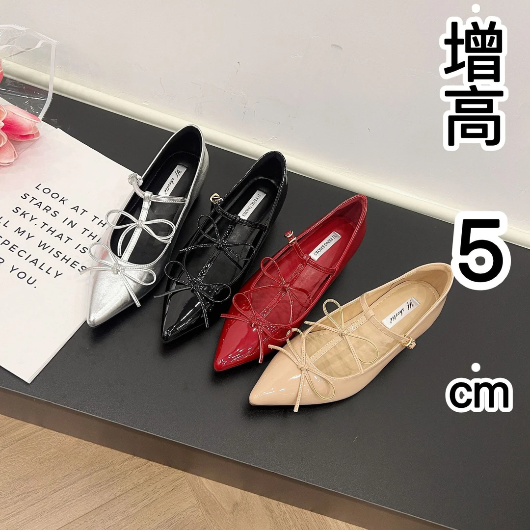 内增高女鞋双蝴蝶结一字带玛丽珍鞋2025春季新款气质尖头漆皮单鞋