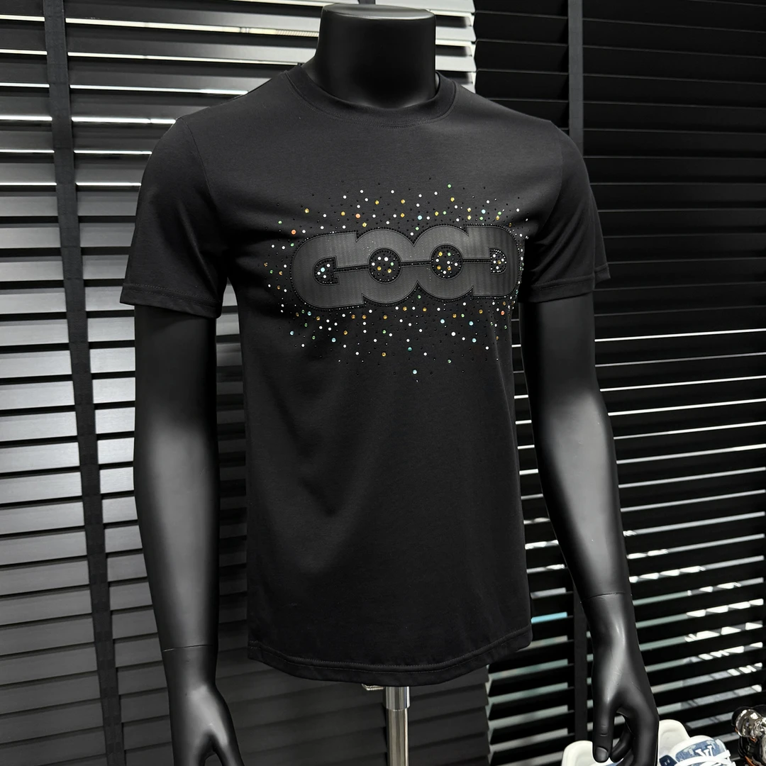 范希巴迪夏季欧洲站潮流修身短袖T恤棉半袖男体恤衫圆领带钻