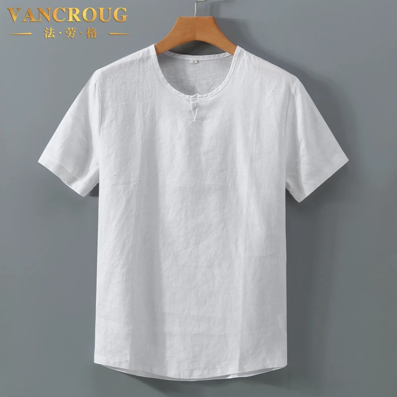 VANCROUG/法劳格短袖T恤男士夏季纯亚麻白色复古透气潮流百搭上衣